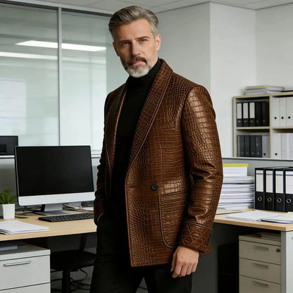 Men's Crocodile Embossed Leather Blazer Double Breasted Business Casual Brown Jacket Office Wear Formal Plus Size  Suit Coat