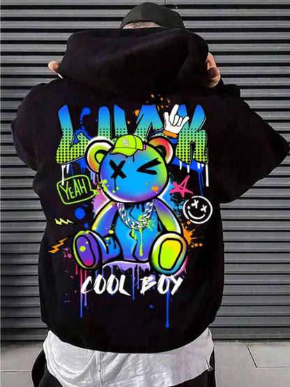 High Design New Men's Autumn Colorful Cartoon Bear Letter Printed Comfortable Soft Hoodie Outdoor Street Versatile Top