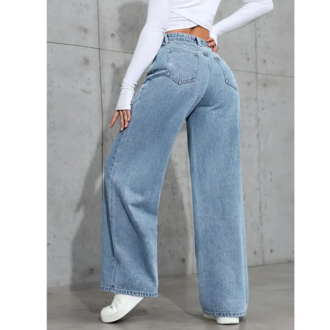 Womens Plus Size Loose Jeans Casual Straight Denim Pants Elastic Stretch Comfort Fit Decorated with Beaded Embroidery Jeans