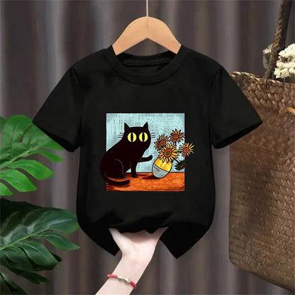 Van Gogh Cat Graphic T Shirts Boys/girls Flower Black Cat T-shirt Round Neck Short Sleeve Trendy Tee  Kawaii Kids Clothing