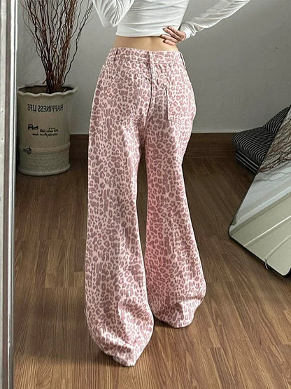 Pink Leopard Print Wide Leg Jeans Women Summer 2026 Loose Slimming Drapey Floor-Length Straight Cut Design Sensation