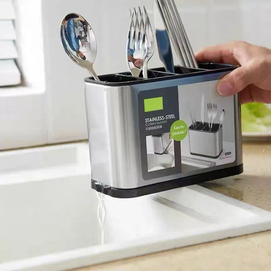 Stainless Steel Cutlery Holder - Compact Kitchen Utensil Organizer & Drainer Rack