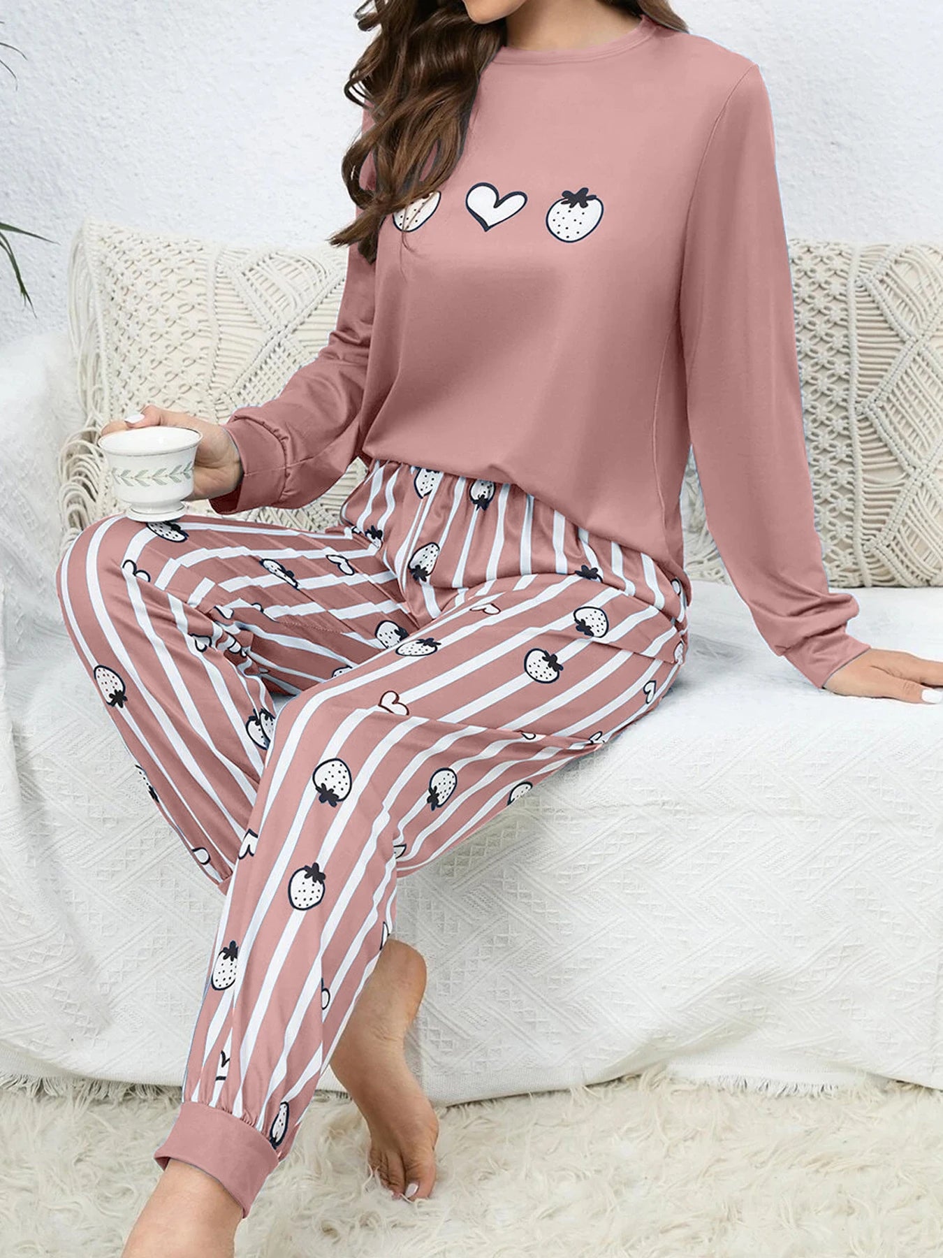 Two-piece set of women's fruit-print long-sleeved striped long pants for all seasons (spring, summer, autumn, winter) - home wea