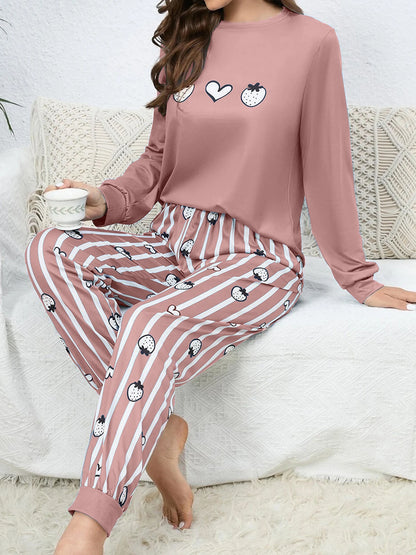 Two-piece set of women's fruit-print long-sleeved striped long pants for all seasons (spring, summer, autumn, winter) - home wea