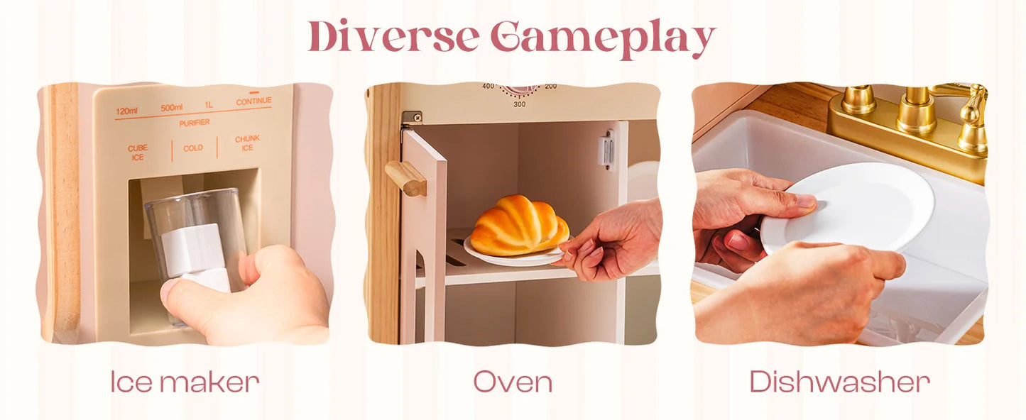 Robotime Robud Kids Corner Kitchen Playset Wooden Play Kitchen Set with Realistic Sound Pretend Play Gift for Boys Girls Pink