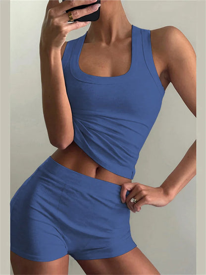 Nibber Ribbed Casual 2 Piece Set Women Tracksuit Sporty Square Collar Tank Tops+Shorts Suit Streetwear Simple Matching Outfits