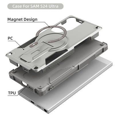 Magnetic Armor Case For Samsung S26 S25 Ultra S24 Plus A56 5G A36 A26 A16 A06 With Holder Cover Wireless Charging Bracket Cover