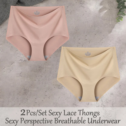 FINETOO 2Pcs/Set Summer Traceless Ice Silk Panties For Women Solid Color High Waist Underpants Female Breathable Sexy Lingerie
