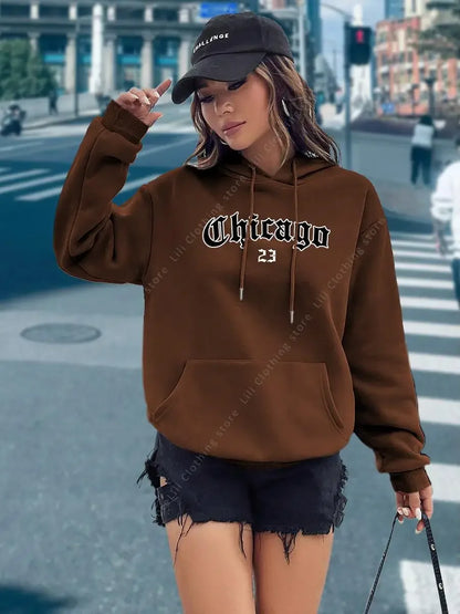 CHICAGO 23 Letter Hoodies Women's Hooded Sweatshirt Pullover Spring Autumn Top Aesthetic Y2K Street Sport Clothing Woman Hoody