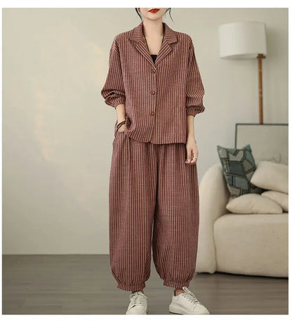 Retro Stripe Cotton And Linen Suit 2024 Women's Autumn Temperament Casual Wide Leg Harem Pants Loose Oversized 2 Piece Set K2478