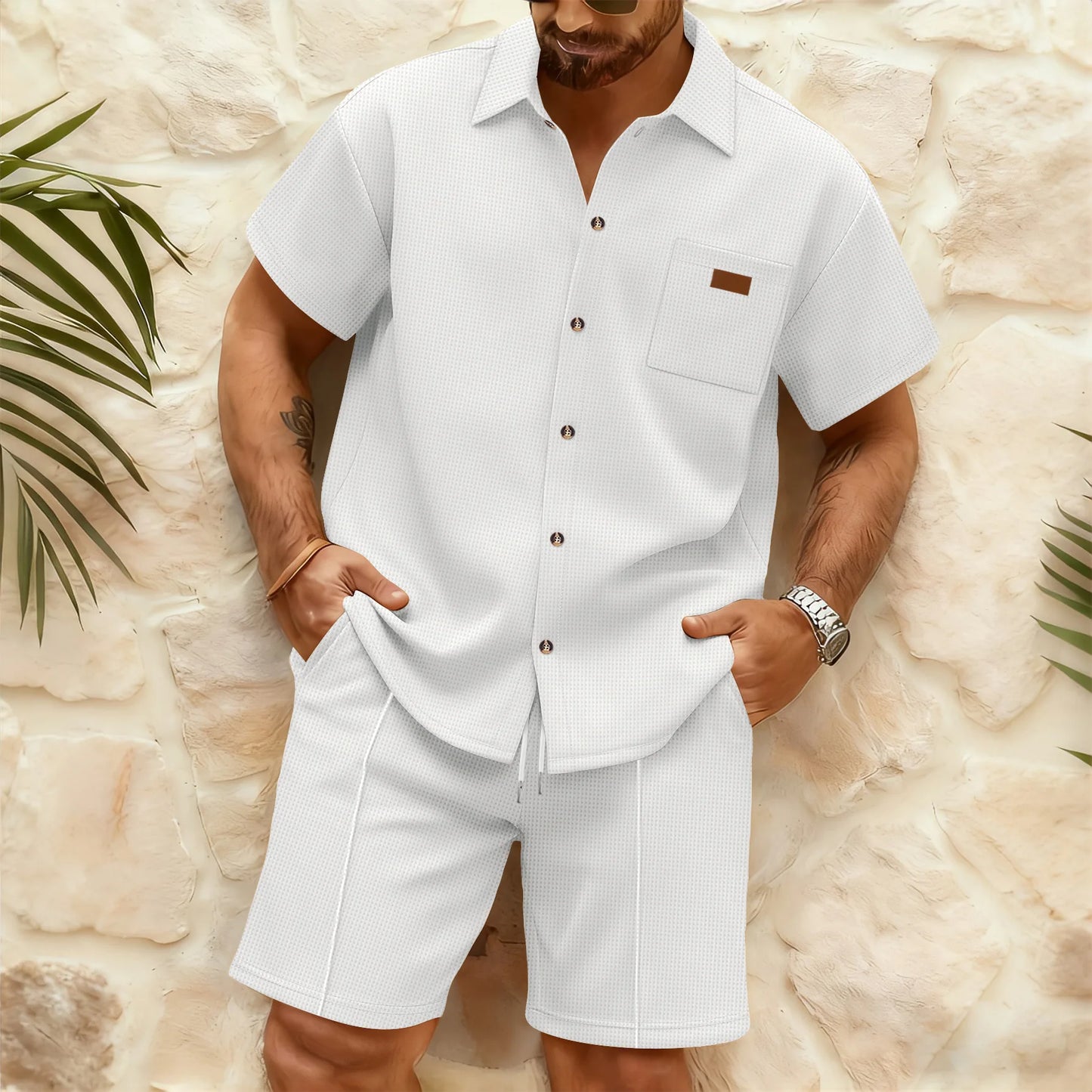 Summer New Men Waffle Knit Polo Solid Color Lapel Short Sleeve Cardigan Shirt Pocket Shorts Set Casual 2 Piece Outfit For Male