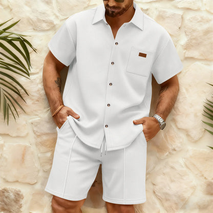 Summer New Men Waffle Knit Polo Solid Color Lapel Short Sleeve Cardigan Shirt Pocket Shorts Set Casual 2 Piece Outfit For Male