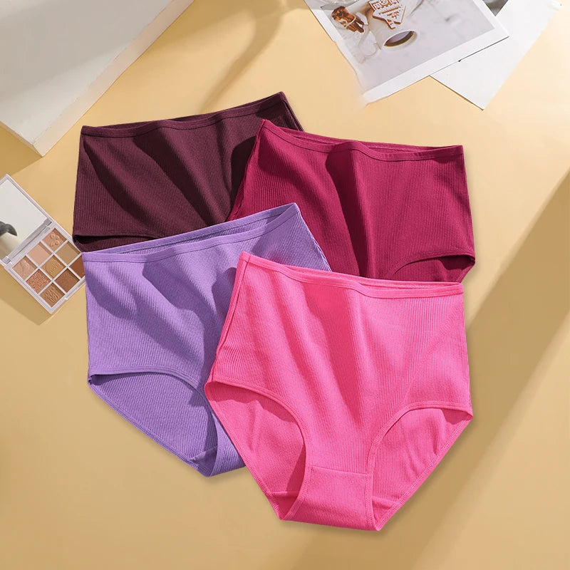 FINETOO 4 Pieces High Waist Women's Unicolor Seamless Panties Oversized Women's Underwears Solid Color S-XXL Cotton Pantys