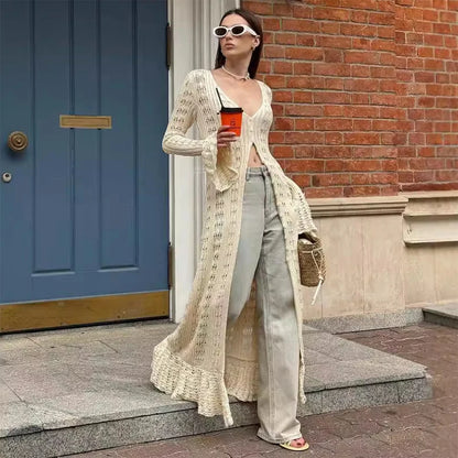 Deep V Neck Long Cardigan Dress - Elegant Hollow Knit Cover Up for Women