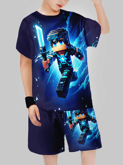 new Block Man Digital Printing Cross Border Children's Clothing Casual Short Sleeved T-shirt Boys' Clothing