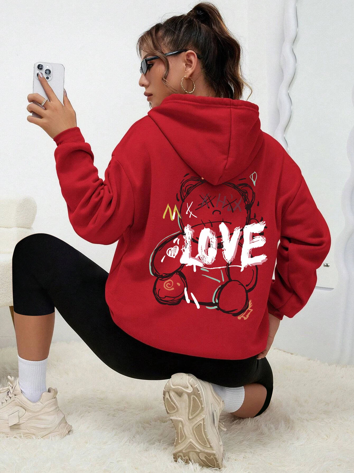 Graffiti Line Bear Simple Print Female Hoody Harajuku S-3xl Sweatshirt Fashion Casual Street Hooded Autumn Warm Streetwear Women