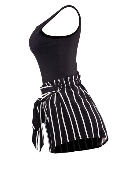 Women's Ribbed Crop Sleeveless Tank Top & Striped Print Belted Bag Waist Shorts SetFitted Comfort Scoop Neck Crop Tank & Shorts