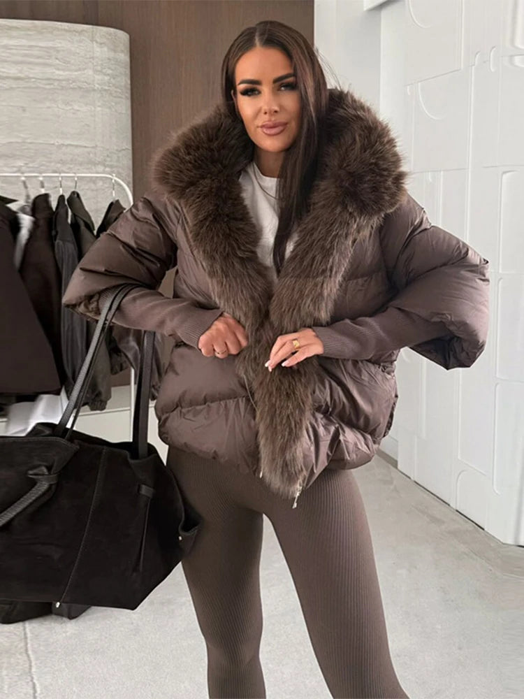 Women's Hooded Jacket - Quilted Cotton Winter Coat With Faux Fur Collar & Knitted Cuffs