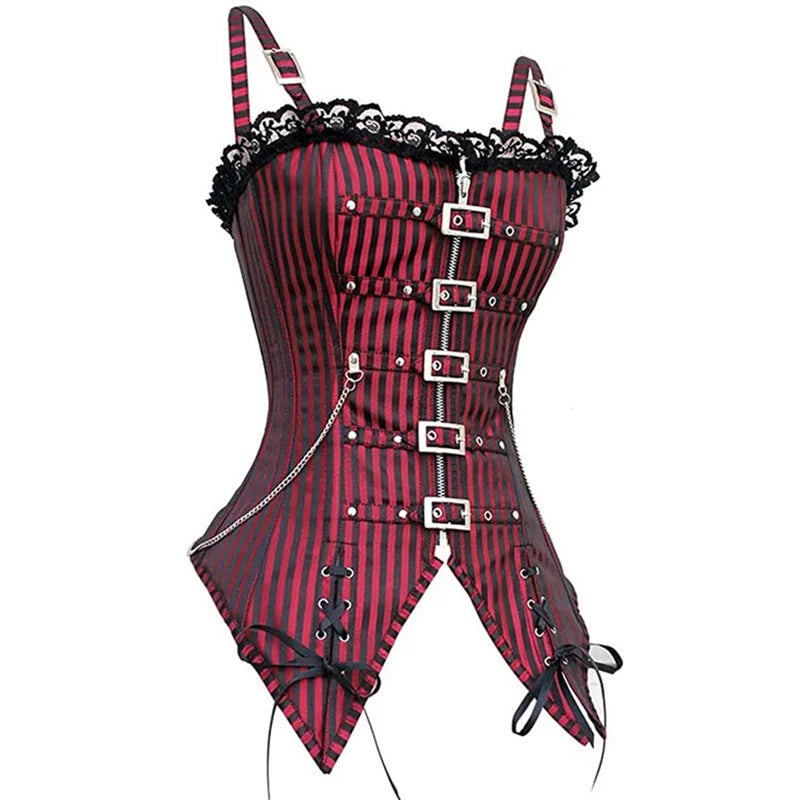 Sexy Women Gothic Corset & Bustier Striped Zip Buckled Steampunk Overbust Corselet Top Vest Punk Rock Style Clothes