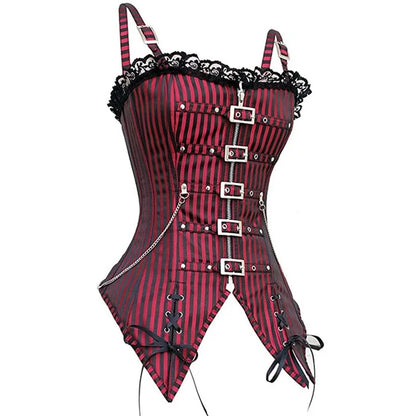 Sexy Women Gothic Corset & Bustier Striped Zip Buckled Steampunk Overbust Corselet Top Vest Punk Rock Style Clothes