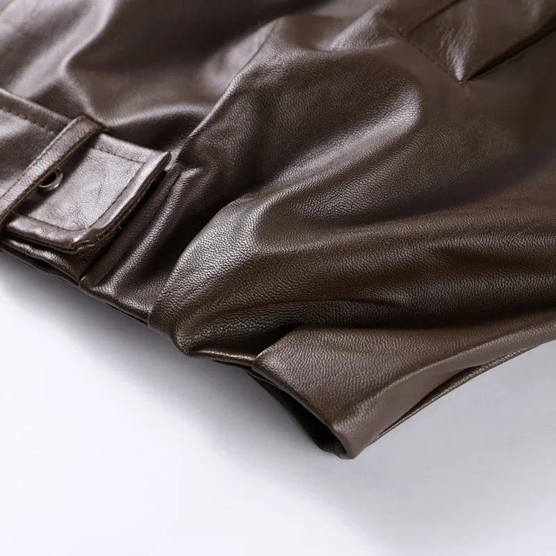 Vintage Leather Bomber Jacket – Women's PU Leather Zip Jacket With Belt & Patchwork Design
