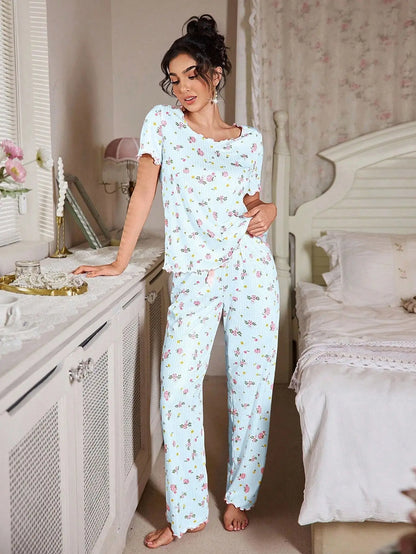 New European and American style loose-fitting women's pajamas, floral short-sleeved long pants home wear, casual two-piece set s