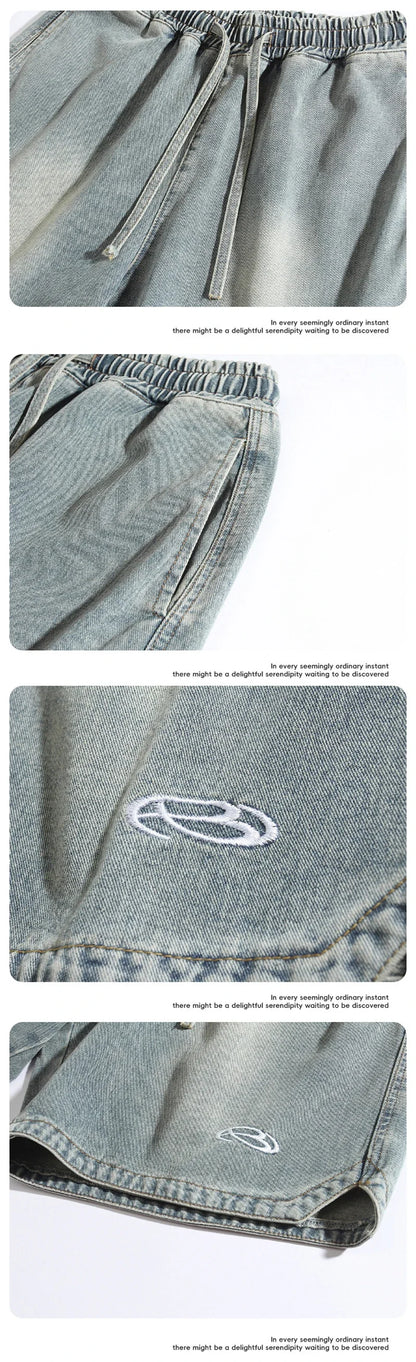 Baggy Denim Shorts - Men's Summer Casual Streetwear With Embroidery & Elastic Waist