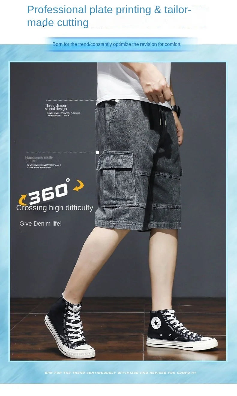 Denim Knee Length Shorts - Casual Loose Fit Multi Pocket Boyfriend Style Jeans