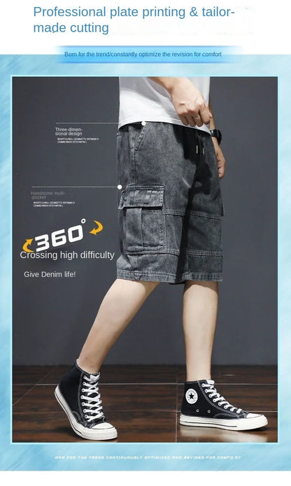 Denim Knee Length Shorts - Casual Loose Fit Multi Pocket Boyfriend Style Jeans