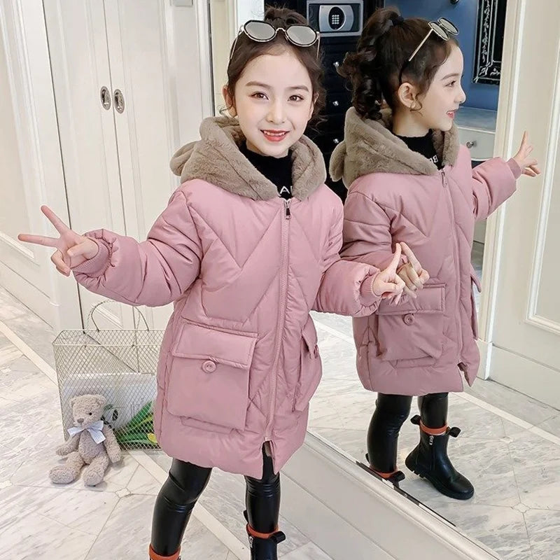 Girls Winter Jacket - Warm Hooded Cotton Polyester Coat | Windproof Kids Outerwear