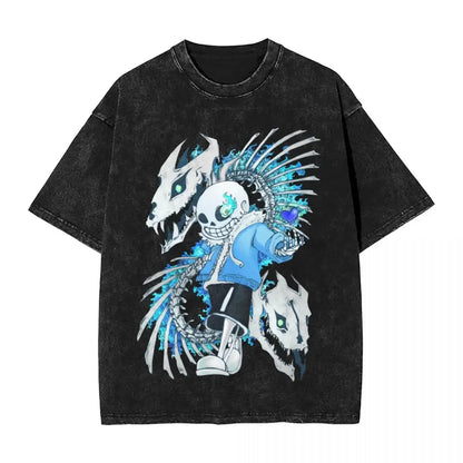 Washed Cartoon T Shirts Undertale Dog Pocket Graphic T-Shirts Cotton Loose Streetwear Short Sleeve Tee Shirt Men Women Clothing