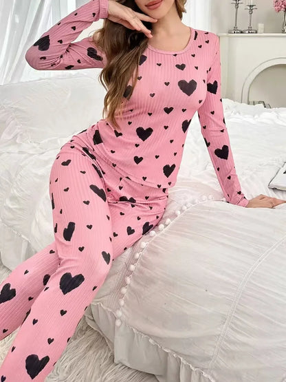 Women's Autumn Winter Pyjama Set, Heart Print Long Sleeve T-shirt and Long Pants Set Loungewear Female Sleepwear