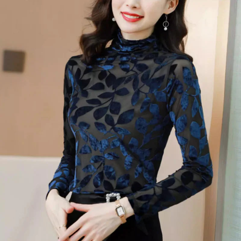 High Collar T Shirt - Korean Fashion Floral Mesh Long Sleeve Tees For Women