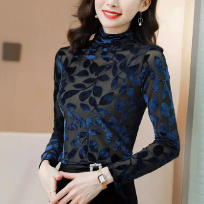 High Collar T Shirt - Korean Fashion Floral Mesh Long Sleeve Tees For Women