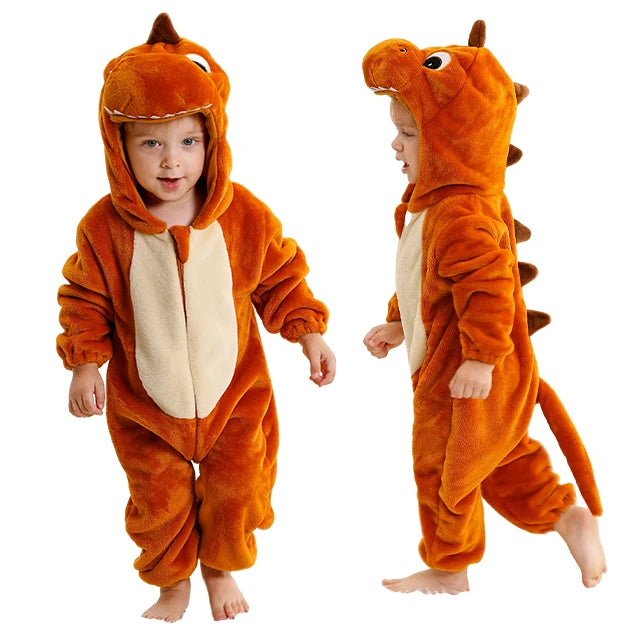 Baby Winter Rompers - Soft Polyester Hooded Jumpsuit With Animal Pattern, Machine Washable