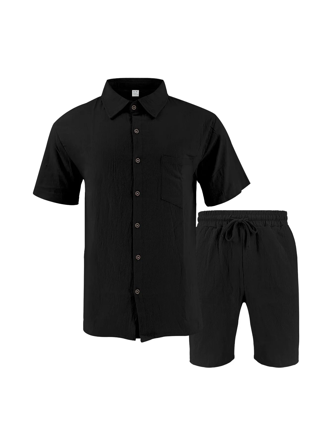 Summer Men's Solid-Color Linen Beach Suit, Lapel Button Short-Sleeved Shirt Paired With Drawstring Shorts, Casual 2-Piece Set