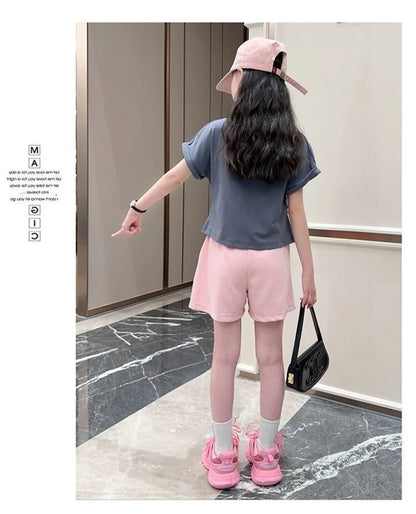 Girls Print Sets Summer Children Short-sleeved Suits Teenage Letter T-shirt+Shorts 2 Pcs Kids Clothing Tracksuit Outfits 3-12Y