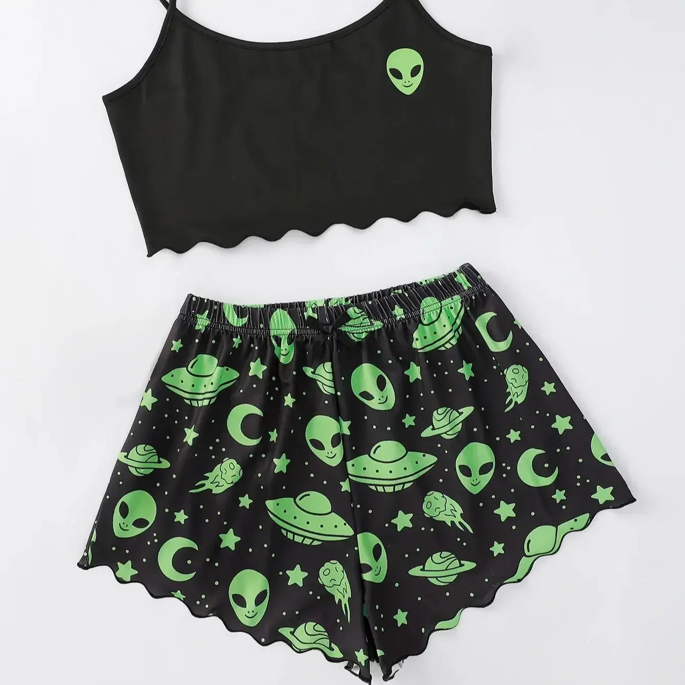 Sexy Alien Print Sling Sleepwear Women's Pajamas Set V-Neck Pyjamas Female Homewear Sleeveless Cute  Top And Shorts