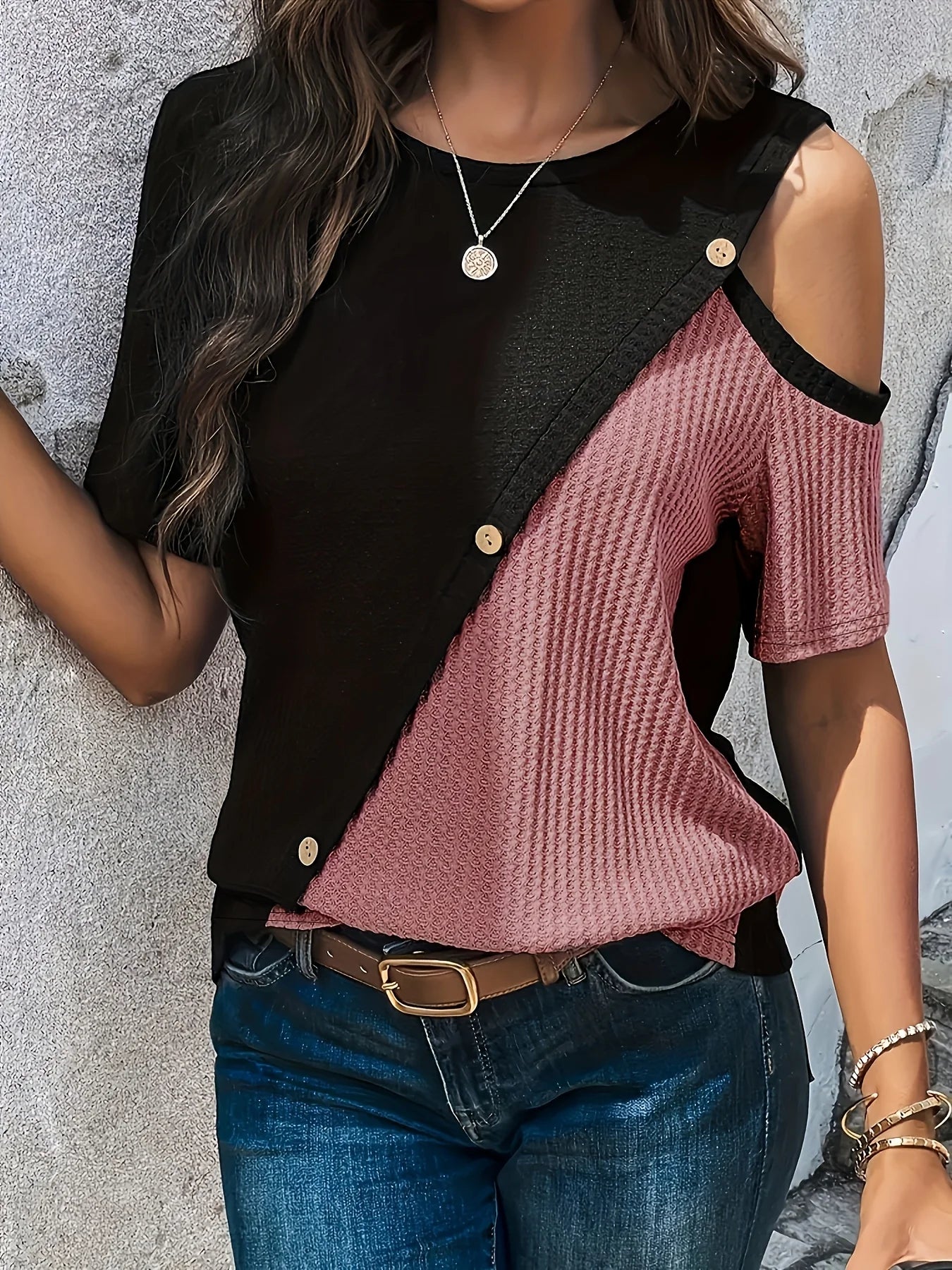 Plus Size T-Shirt - Women's Casual Tee With Button Detail | Loose Fit Patchwork
