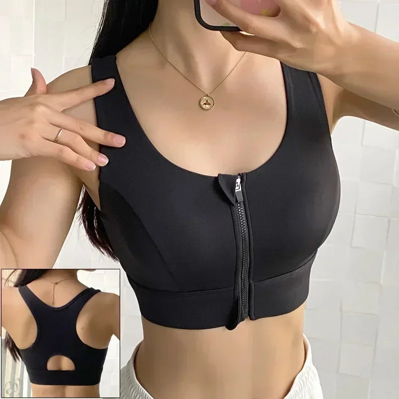 Front Zipper Sports Bra - Women's Athletic Crop Top, Push Up Wireless Fitness Tank