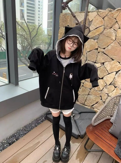 Zipper Hoodie Gothic Cartoon Kawaii Cat Ear Y2k Jacket Zip Up Thin Coat Spring Autumn Cute Core 2000s Clothes Fall Sweatshirts
