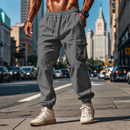Men's Casual Cargo Pants - Cotton Linen Multi-Pocket Ankle-Length Trousers