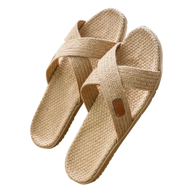 Men Shoes Slippers Linen Home Indoor Open Toe Flat Shoe Beach Slippers Striped Spliced Rubber Sandals Zapatillas Hombre