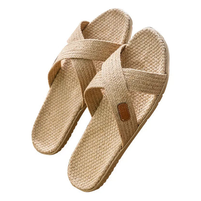 Men Shoes Slippers Linen Home Indoor Open Toe Flat Shoe Beach Slippers Striped Spliced Rubber Sandals Zapatillas Hombre