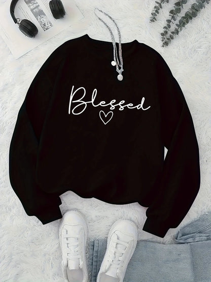 Women's autumn and winter casual fashion loose and comfortable Blessed printed round neck long sleeved warm pullover sweater