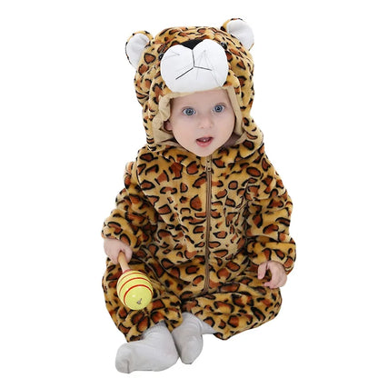 Baby Winter Rompers - Soft Polyester Hooded Jumpsuit With Animal Pattern, Machine Washable