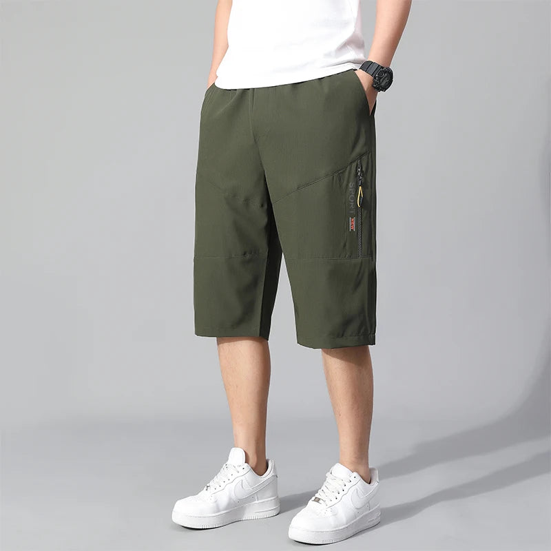 Mens Cargo Shorts - Knee Length Cotton Shorts With Zipper Pockets & Elastic Waist