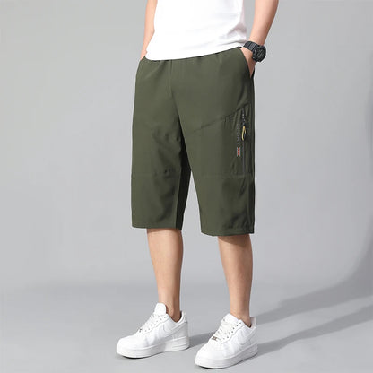 Mens Cargo Shorts - Knee Length Cotton Shorts With Zipper Pockets & Elastic Waist