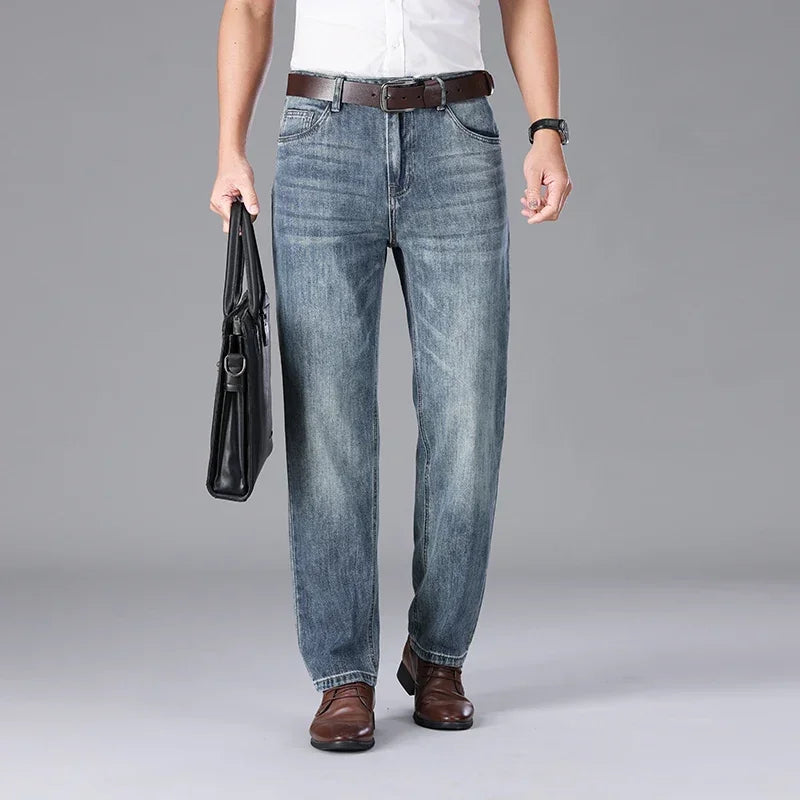2026 Summer High Quality Brand Cloth Business Casual Men's Lightweight Straight Loose Jeans Classic Retro thin cotton trousers