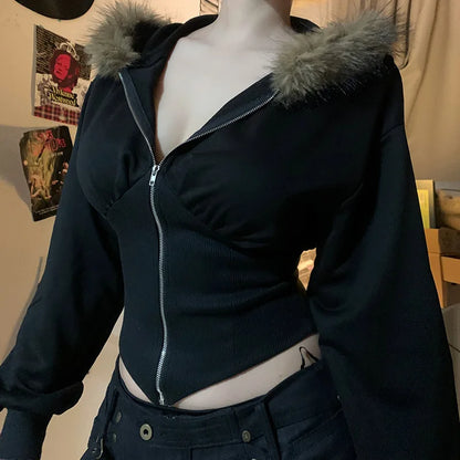 Goth Dark Autumn Winter Faux Fur Collar Solid Hooded Coats Women Casual Slim Waist Zip Hoodies Gothic Jackets Chic Streetwear